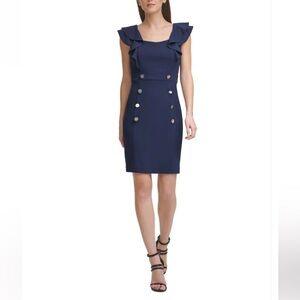 DKNY Midnight Navy Double Ruffle Sleeve Dress Square Neck Sailor Buttons Sz 2